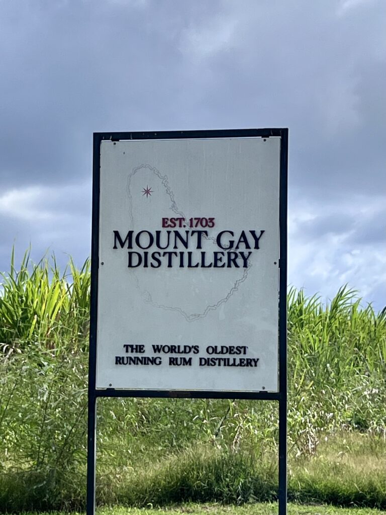 The Mount Gay Distillery entrance sign.