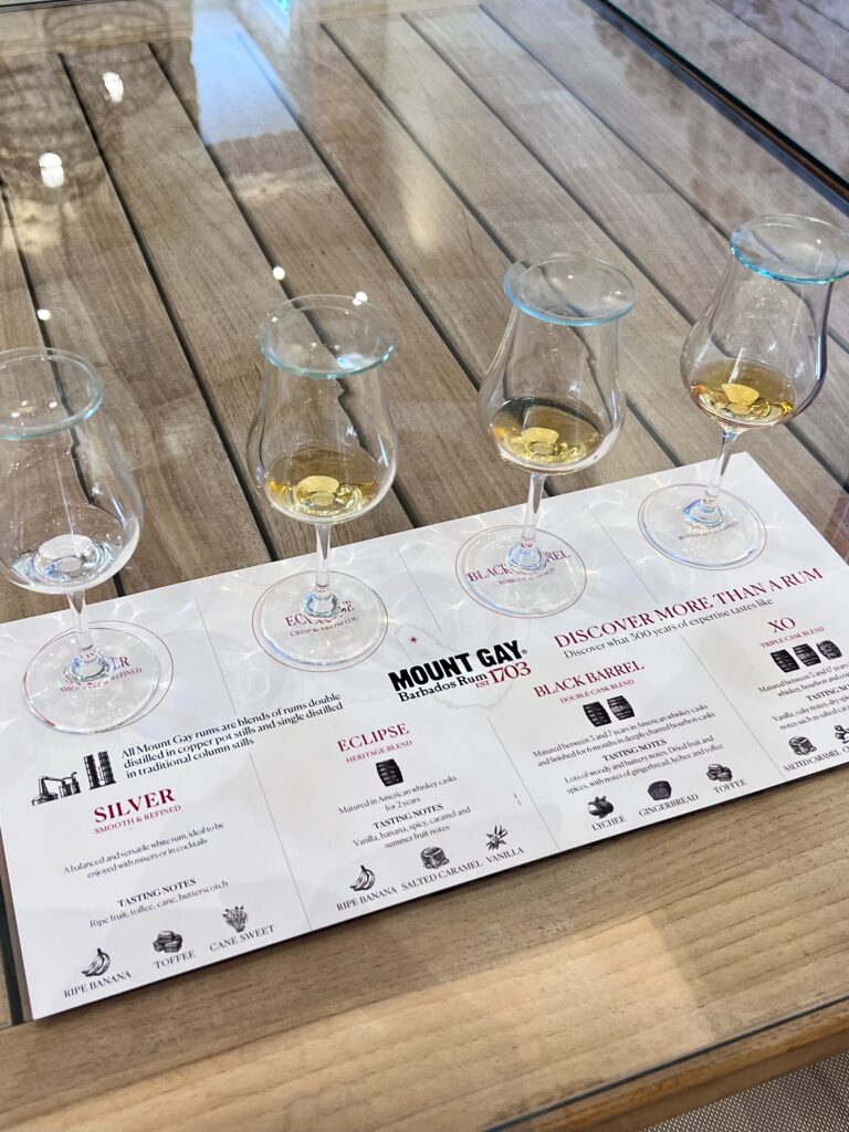 The Selection of Rums to Taste on the mount Gay Distillery Tour, Barbados.
