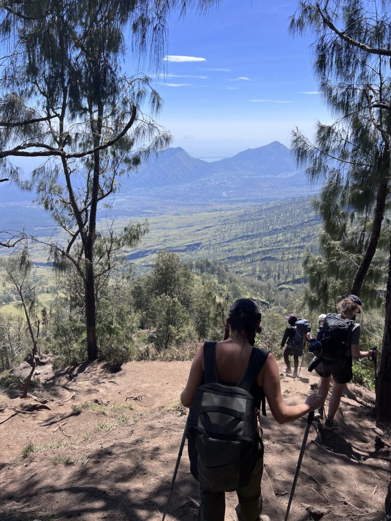Hiking Mount Rinjani, Lombok. Hikers along the upper path between POS3 and the crater rim.
