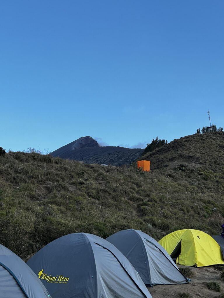 The View of the summit of Mount Rinjani from Sembalun Crater Rim camp. 