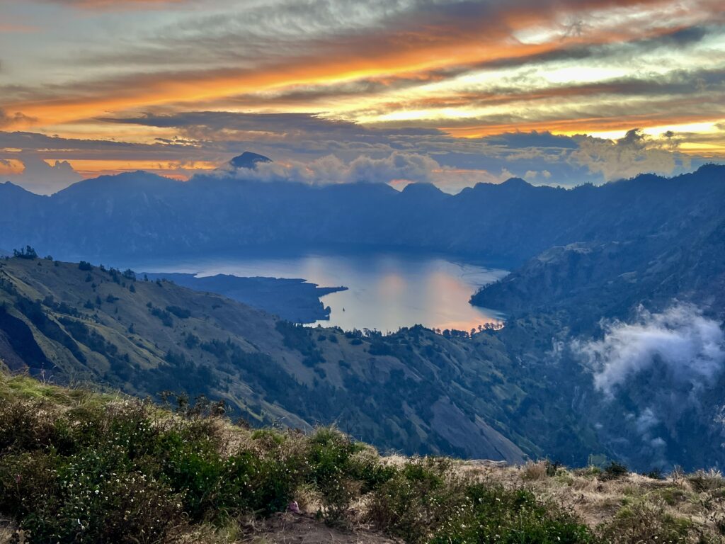 Sunset over 
Mount Rinjani from Sembalun Crater Rim camp. 